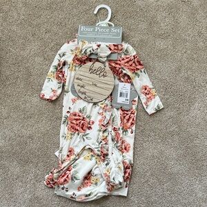 Floral Baby Gown with Matching Headband - Cream & Rose